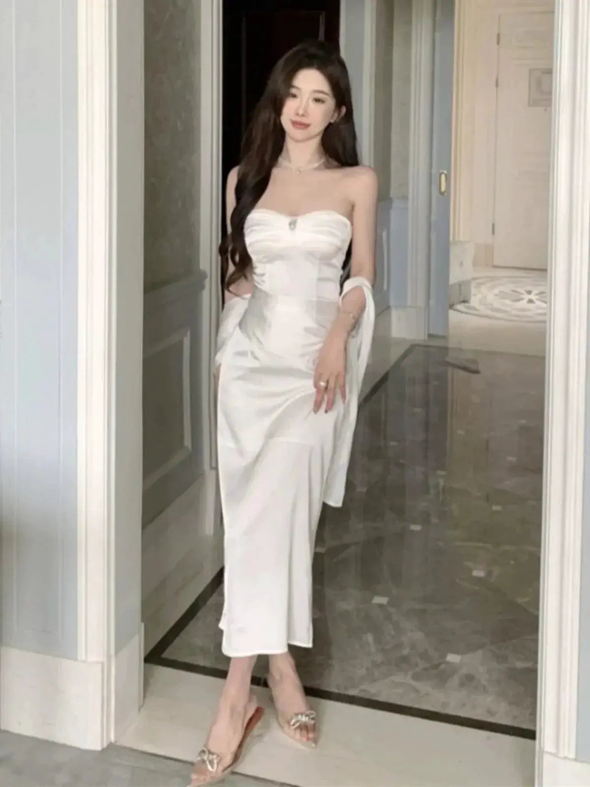 White Silky Satin Off Shoulder Dress Elegant Banquet Attire
