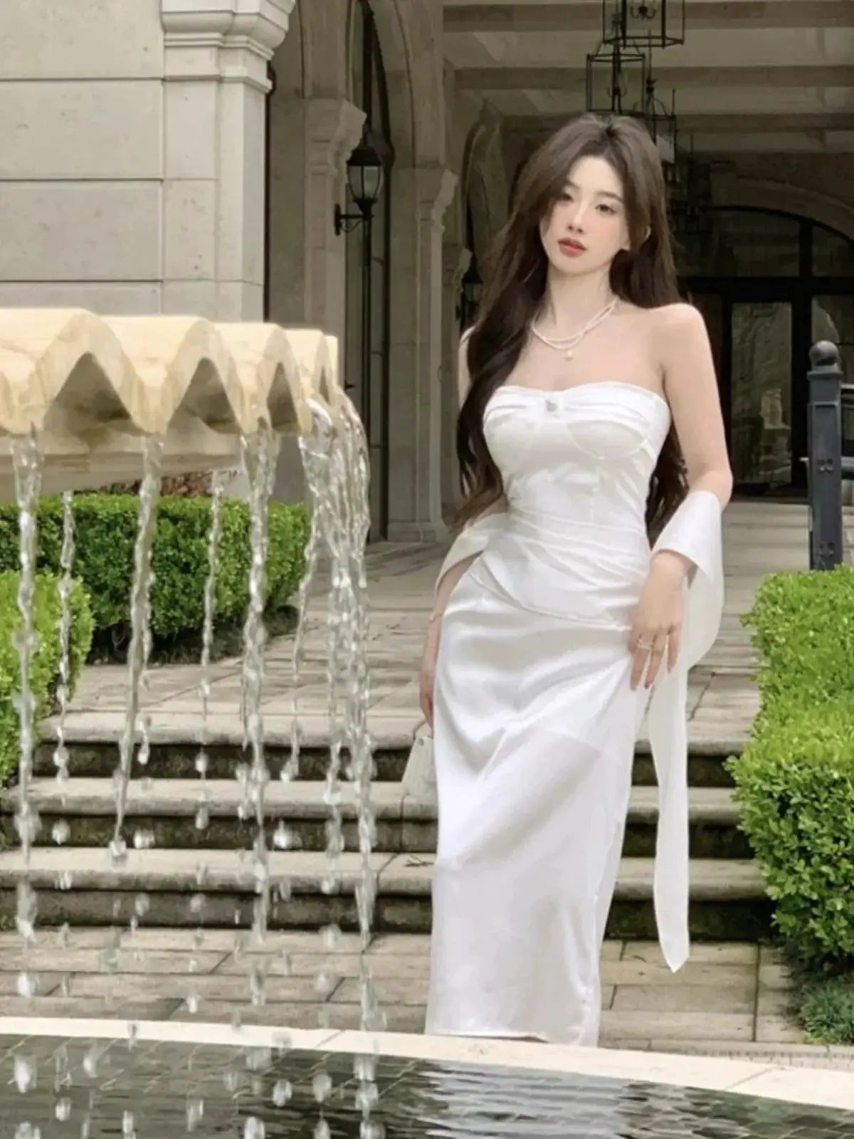 White Silky Satin Off Shoulder Dress Elegant Banquet Attire