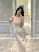 White Silky Satin Off-Shoulder Dress Elegant Banquet Attire