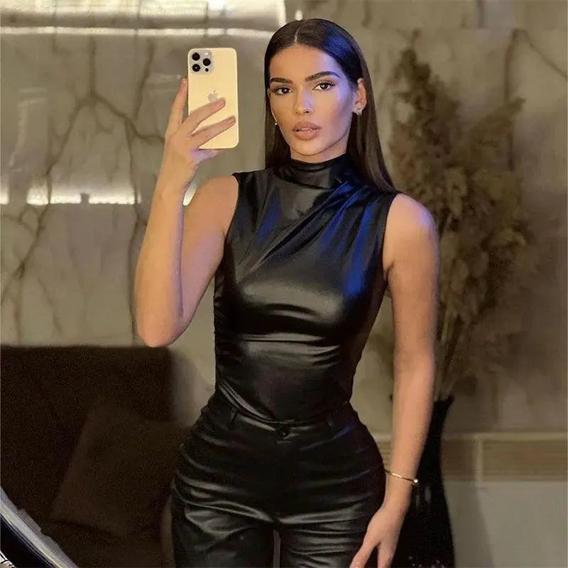 Winter Chic PU Leather Tank With Asymmetrical Blouse