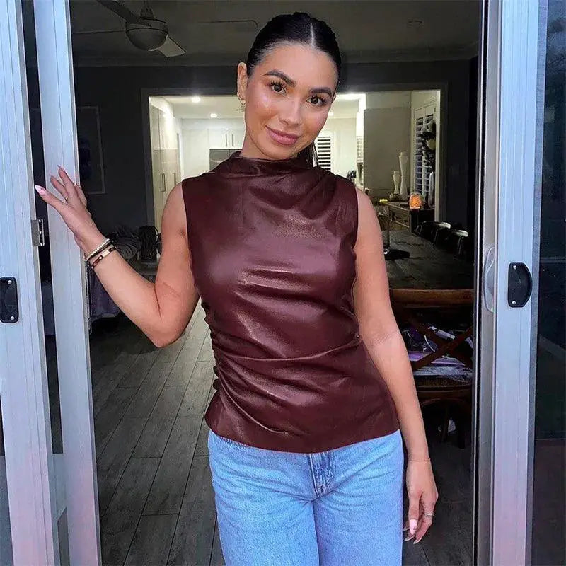 Winter Chic PU Leather Tank With Asymmetrical Blouse