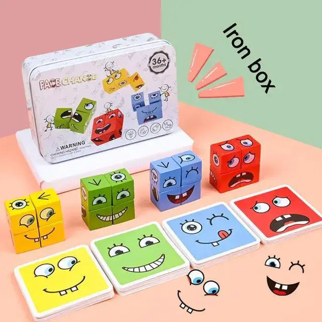 Wooden Cube Expression Building Blocks Montessori Toy Set
