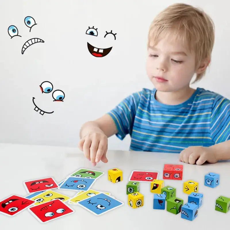 Wooden Cube Expression Building Blocks Montessori Toy Set