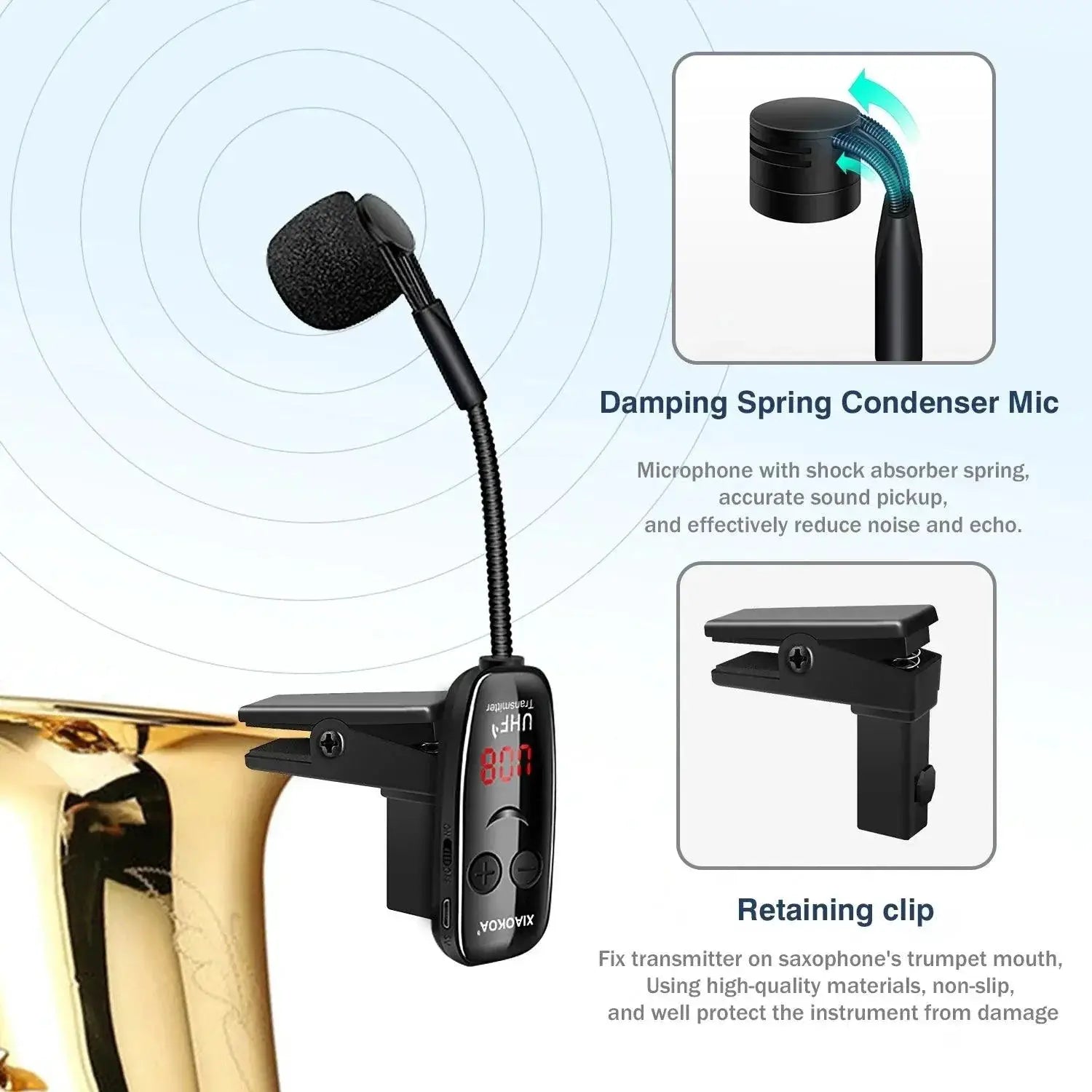Xiaokoa UHF Wireless Saxophone Microphone System Clip On