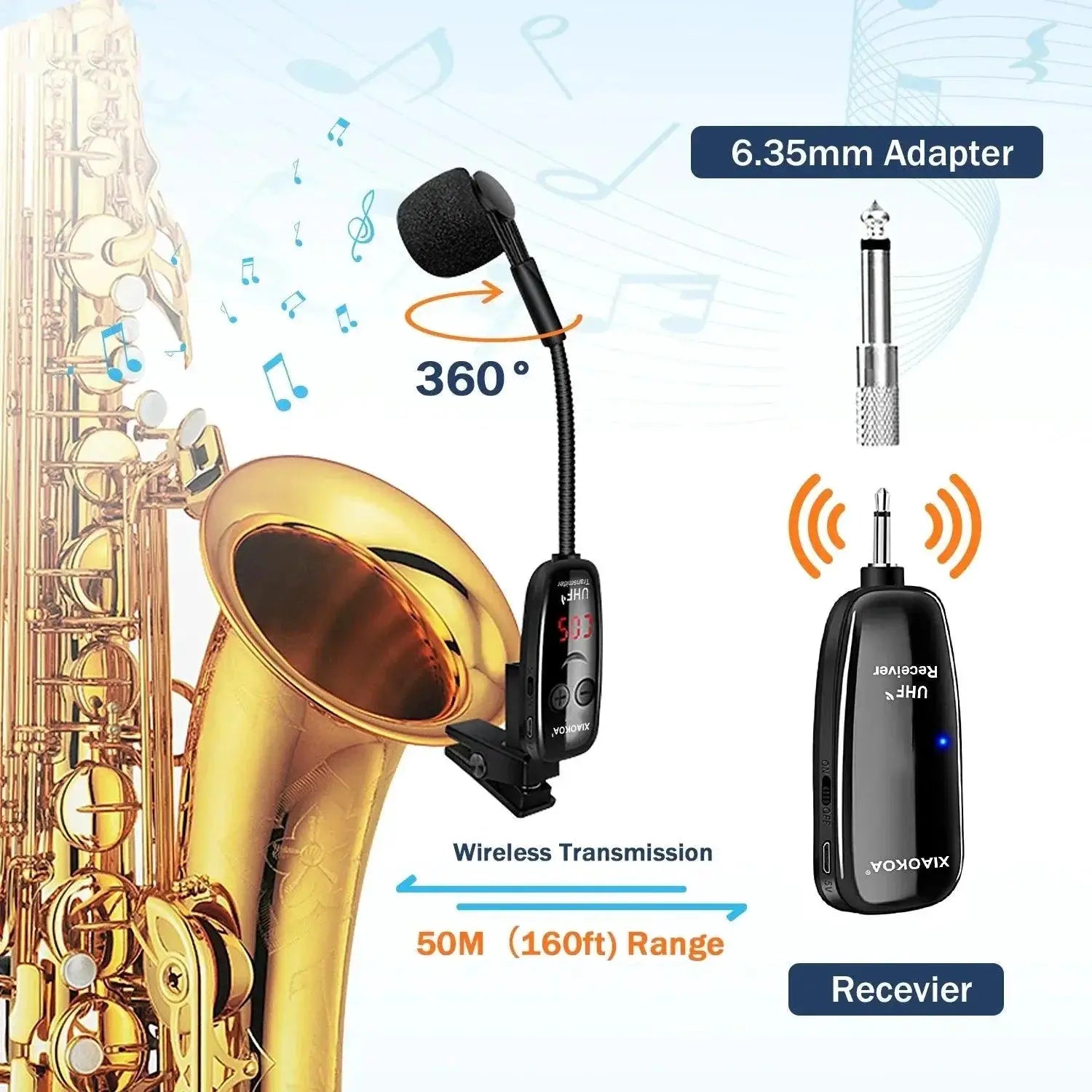 Xiaokoa UHF Wireless Saxophone Microphone System Clip On