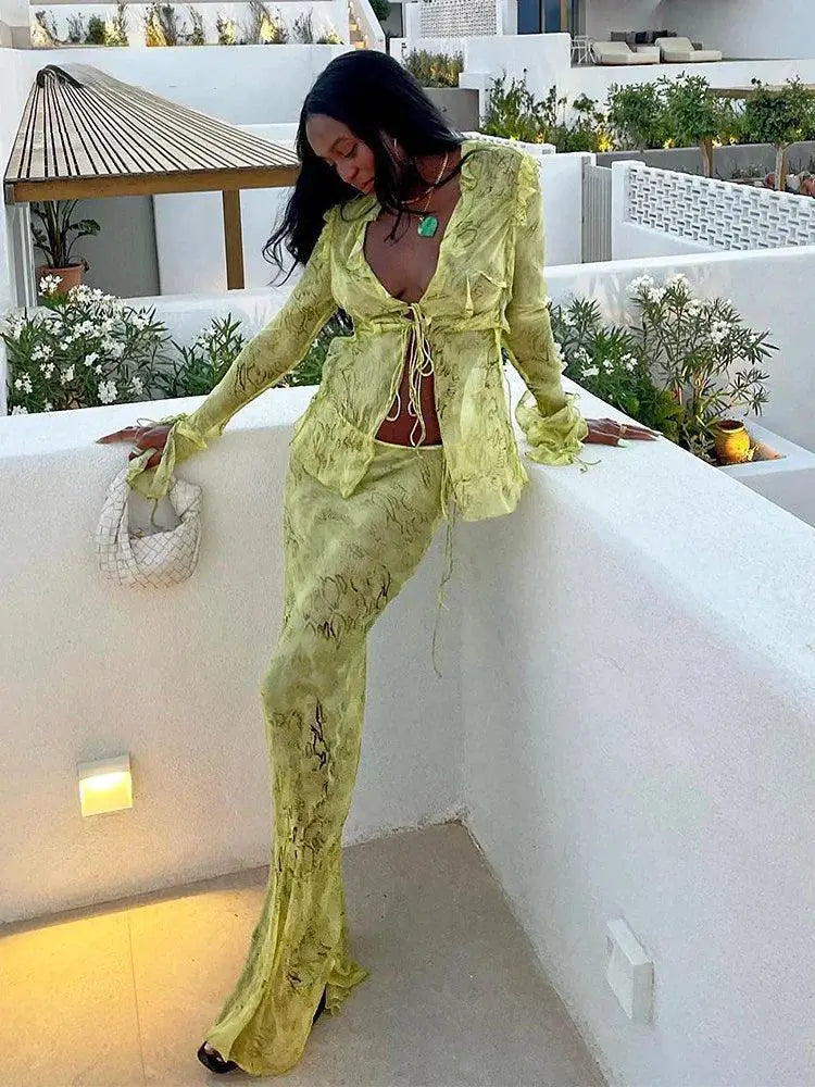 Y2K Green Mesh Two Piece Set Sexy Sheath Club Outfit
