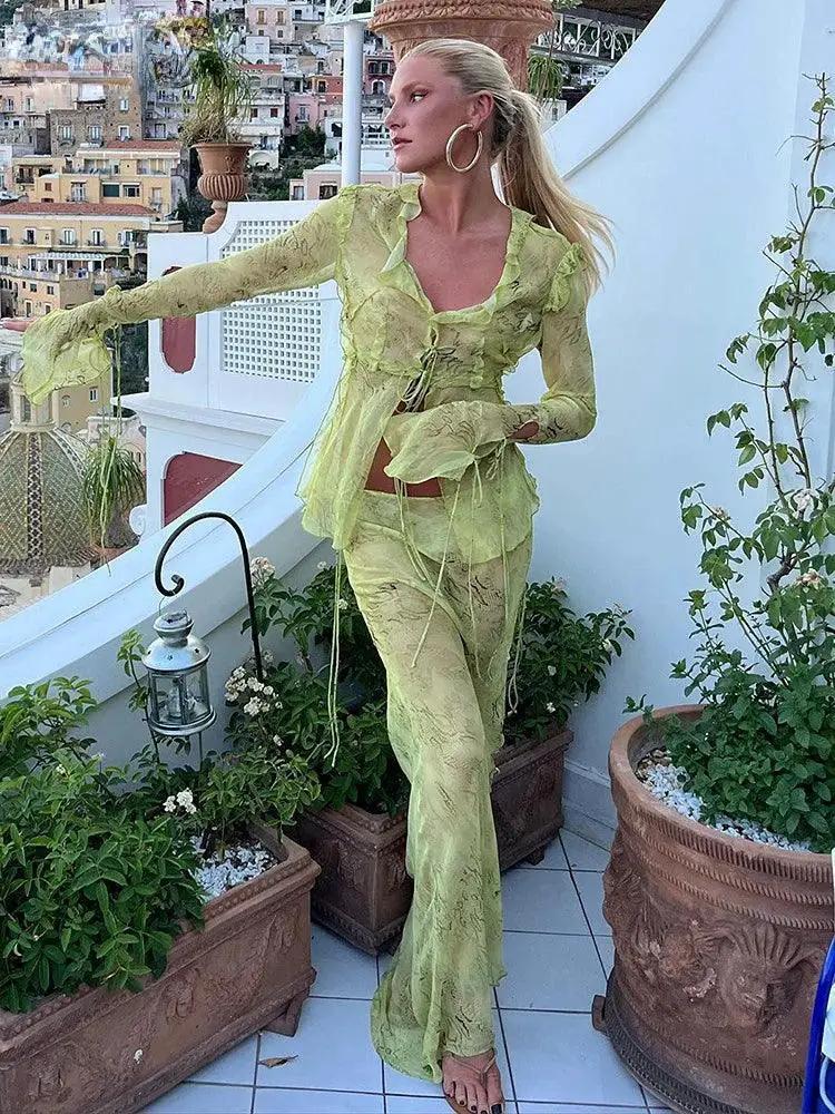 Y2K Green Mesh Two Piece Set Sexy Sheath Club Outfit