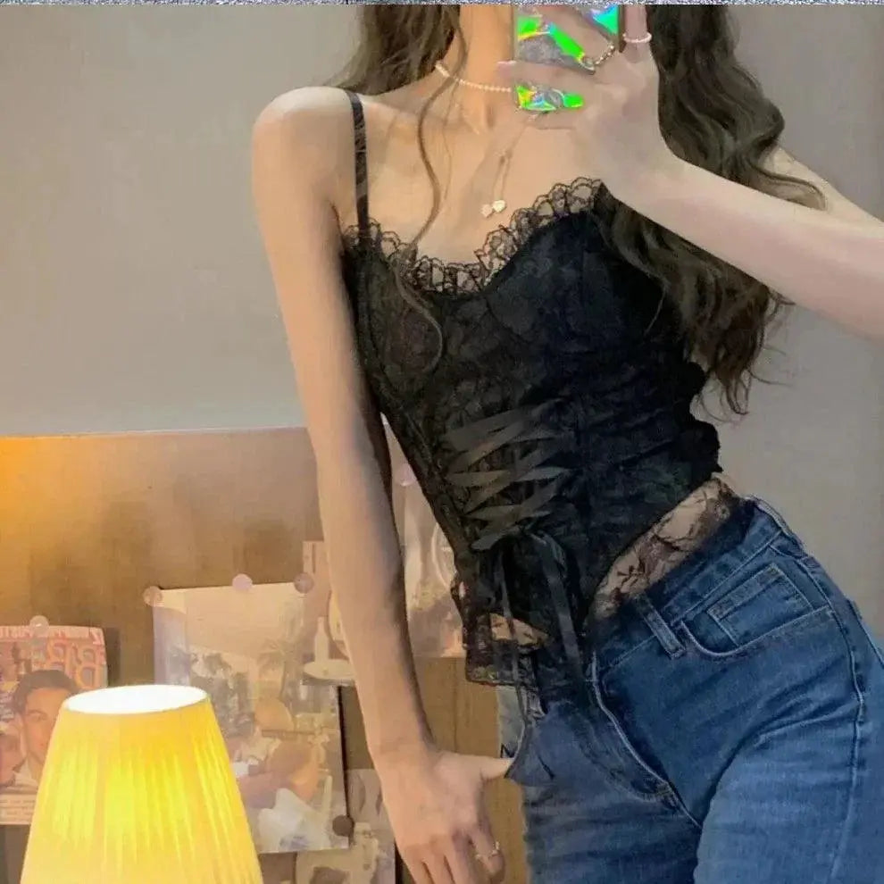 Y2K Lace Crop Top Corset Detail Seductive Blouse For Night