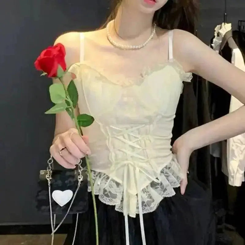 Y2K Lace Crop Top Corset Detail Seductive Blouse For Night