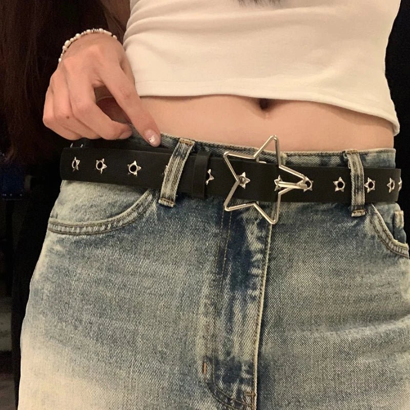 Y2K Punk Star Eyelet Black Rivet Belt Unisex PU Leather for Women and Men