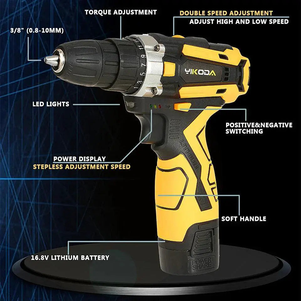 YIKODA Rechargeable Cordless Drill 12V 16.8V 21V Multi Tool