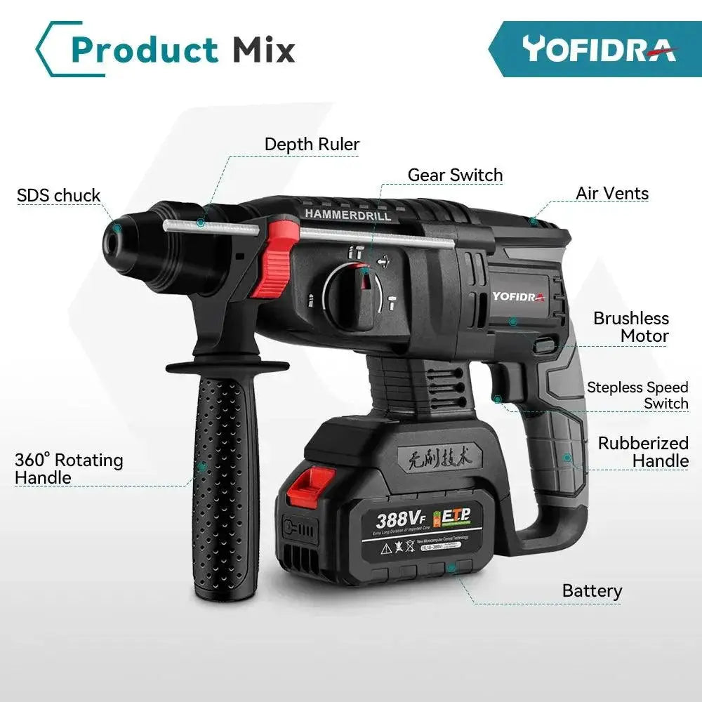 Yofidra 26mm Brushless Cordless Hammer Drill Tool Pro