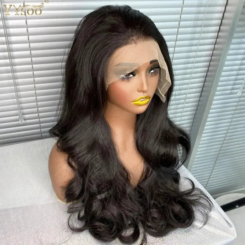 YYsoo Long Black Body Wave Lace Front Wig Heat Resistant