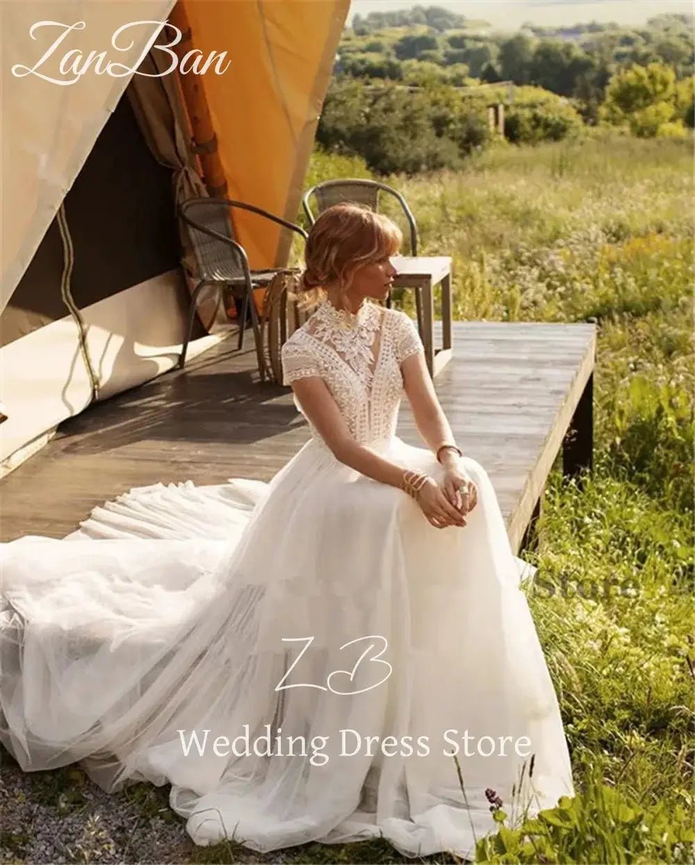 ZanBan Chic Boho Lace Tulle High Neck Wedding Dress A Line Bridal Gown Built Bra