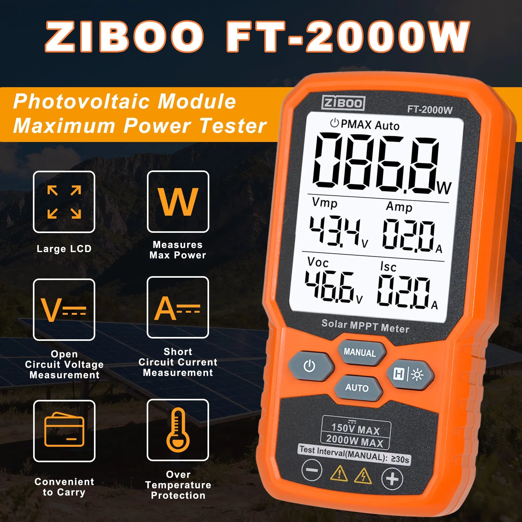 ZIBOO FT2000W Solar Panel Tester MPPT Meter OC Voltage And Short Circuit Current