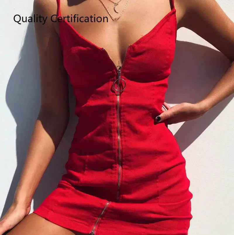 Zipper Party Dress With V Collar For Women Club Wear