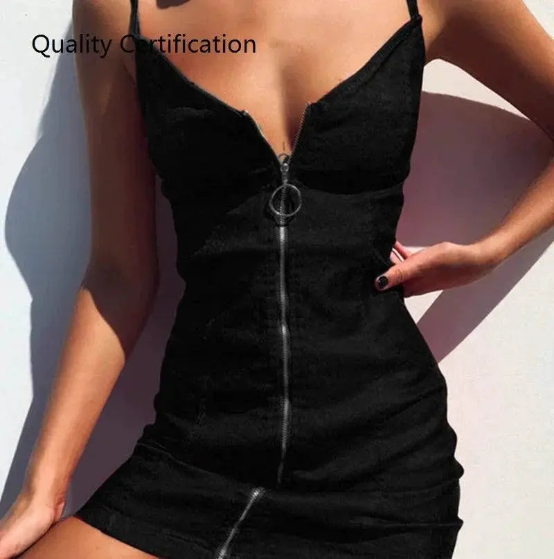 Zipper Party Dress With V Collar For Women Club Wear