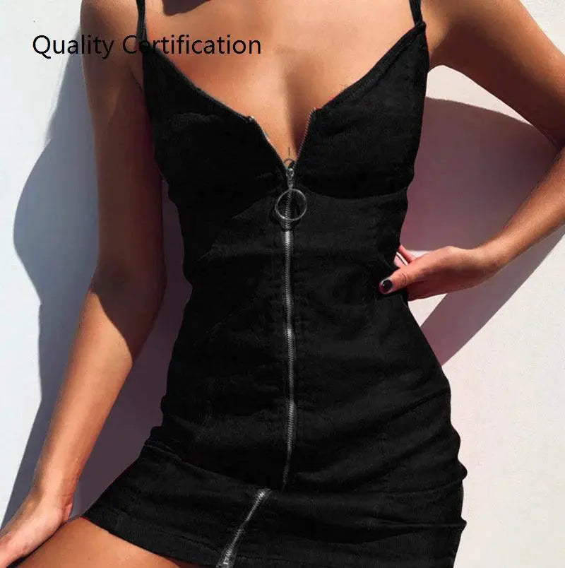 Zipper Party Dress With V Collar For Women Club Wear
